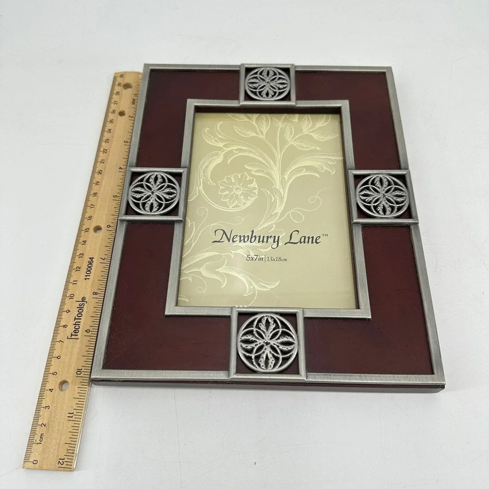 Newbury Lane 5x7 Picture Frame Mahogany Wood Silver Celtic Medallion Ornate Deco